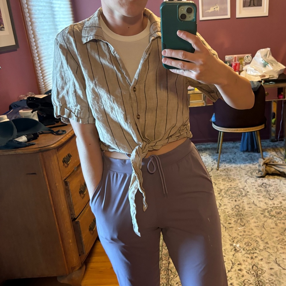 Linen sanctuary cream striped button up with tie